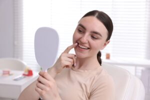 Woman,Looking,In,Mirror,At,Her,Teeth,